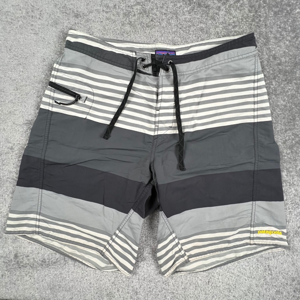 Patagonia WavefarerMens Board Shorts Gray Black Striped Swim Trunks Size 31